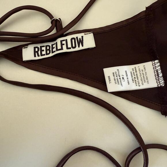 REBELFLOW | Brown Satin Tie Back Handkerchief Hem Lace Trim Crop Top | Small - Picture 2 of 2